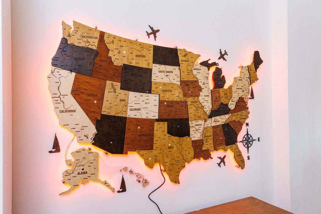 USA Map Wall Art Home Decor, 3d Wood Map New Apartment Gift