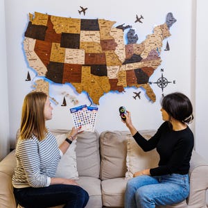 US Travel Map, Wood Map Wall Decor, Push Pin Map 5th Anniversary Gift, United States Map, Map of the USA Birthday Gift Wood Map, Travel Gift