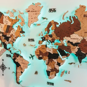 Large 3D Wood World Map, Neon Map Wall, Map Of The World, Wooden Wall Map, Family Gift, LED Illuminated Map Wall Art