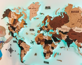Large 3D Wood World Map, Neon Map Wall, Map Of The World, Wooden Wall Map, Family Gift, LED Illuminated Map Wall Art