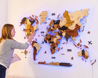 Map of the World, Wooden Map, 3d Wooden World Map, Push Pin Travel Map, Wooden Map, World Mao Wall Art, Personalized Gifts, Birthday Gifts