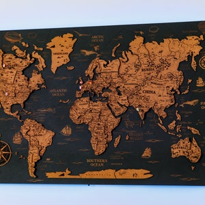 Map the World Travel Gifts, Wooden World Map Office Wall Decor, Push Pin Travel Map, Apartment Decor World Map Wall Art, Custom Wood Map