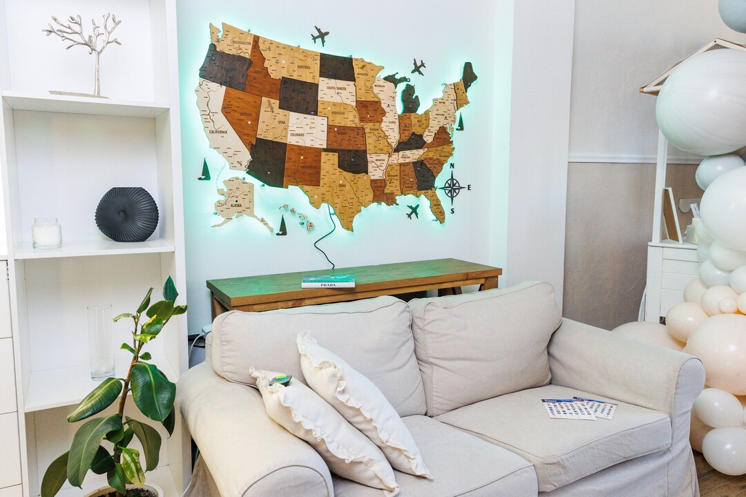 USA Wood Map Wall Decor, Wooden Map of the United States Push Pin, 1st