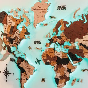 Mapa del mundo 3D para pared, decoración de pared de viaje, chinchetas de madera clara con mapa del mundo, regalo de mapa personalizado