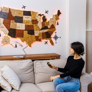 USA Travel Map Wall Art, USA Wooden Map, USA Housewarming Gift, Wooden Map, Push Pin Map
