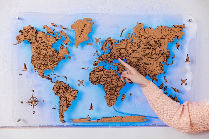 Illuminated World Map Led 3D Wall Map Art Detailed Push Pin Etsy