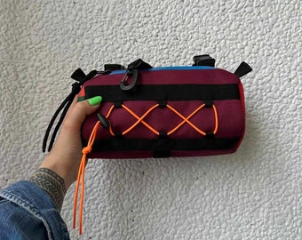 Handlebar Burrito Bag, Homemade Bordo Mixed Color Condura Pouch, Red Durable Waterproof Accessory Carrier, Practical Cycling Storage Pack