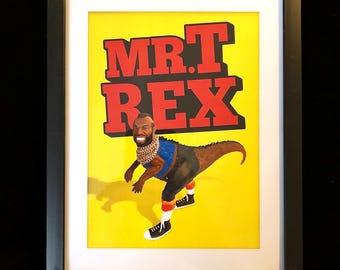 Lámina artística del Sr. T-Rex, hecha a mano, 12,7 x 17,8 cm. Parodia artística enmarcada en cristal.