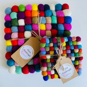 Felt Ball Coasters-Tea Coasters(set of 2) 10 cm  / or Trivet 14cm-20cm each -Rainbow- Multicolor- Square- HomeDecor- Handmade-