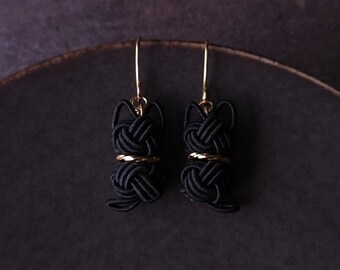 Cat Earrings handwoven with Japanese Mizuhiki paper cord -  Black/ Black with Glitter
