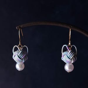 Cat drop earrings handwoven with Japanese Mizuhiki paper cord, Hydrangea Blue