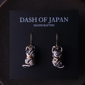 Cat Drop Earrings handwoven with Japanese Mizuhiki - Black and White Bicolor Cat