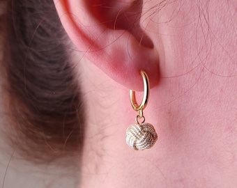 Huggie Hoop Drop Earrings made with Japanese Mizuhiki - Pearl White