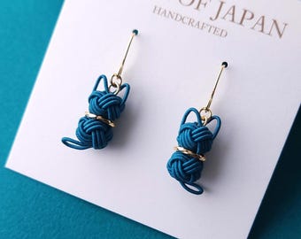 Cat Earrings made with Japanese Mizuhiki - Teal Green