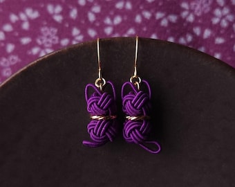 Cat Earrings handwoven with Japanese Mizuhiki Paper Cord - Purple Cat