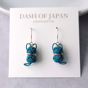 Cat Earrings made with Japanese Mizuhiki - Teal Green