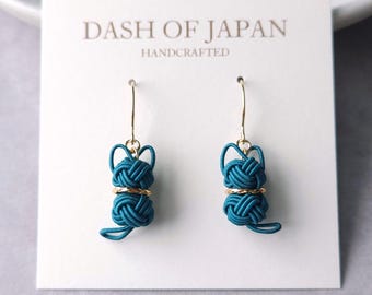 Cat Earrings made with Japanese Mizuhiki - Teal Green