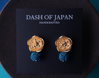 Plum Flower Stud Earrings handwoven with Japanese Mizuhiki - Teal Green