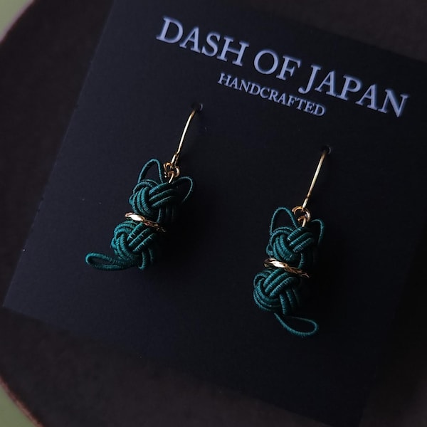 Cat Earrings made with Japanese Mizuhiki Paper Cord - Deep Green