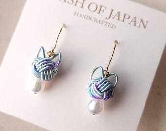 Cat drop earrings handwoven with Japanese Mizuhiki paper cord, Hydrangea Blue