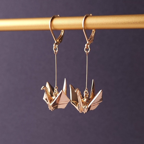 Japanese Gold Origami Crane Earrings, Orizuru Drop Earrings, Japanese Dangle Earrings