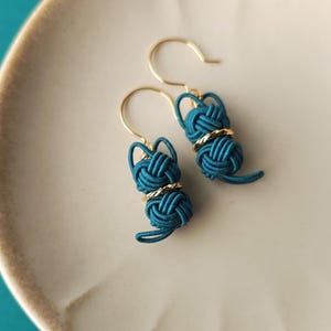 Cat Earrings made with Japanese Mizuhiki - Teal Green