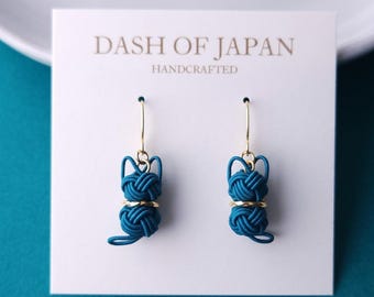 Cat Earrings made with Japanese Mizuhiki - Teal Green