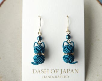 Cat Earrings made with Japanese Mizuhiki - Teal Green
