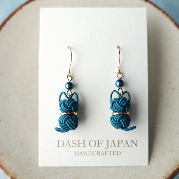 Cat Earrings made with Japanese Mizuhiki - Teal Green