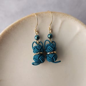 Cat Earrings made with Japanese Mizuhiki - Teal Green