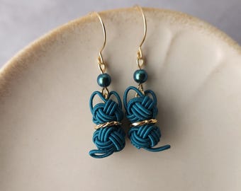 Cat Earrings made with Japanese Mizuhiki - Teal Green