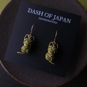 Cat Earrings handwoven with Japanese Mizuhiki Paper Cord- Matcha Green