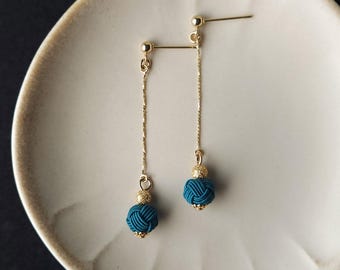 Japanese Mizuhiki Dainty Chain Drop Long Earrings- Teal / Peacock