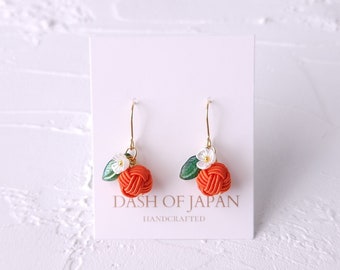 Japanese Orange Drop Earrings, Mandarin Orange Dangle Earrings, Japanese Mizuhiki Jewelry, Lightweight Clip-Ons