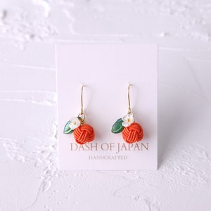 Japanese Orange Drop Earrings, Mandarin Orange Dangle Earrings, Japanese Mizuhiki Jewelry, Lightweight Clip-Ons