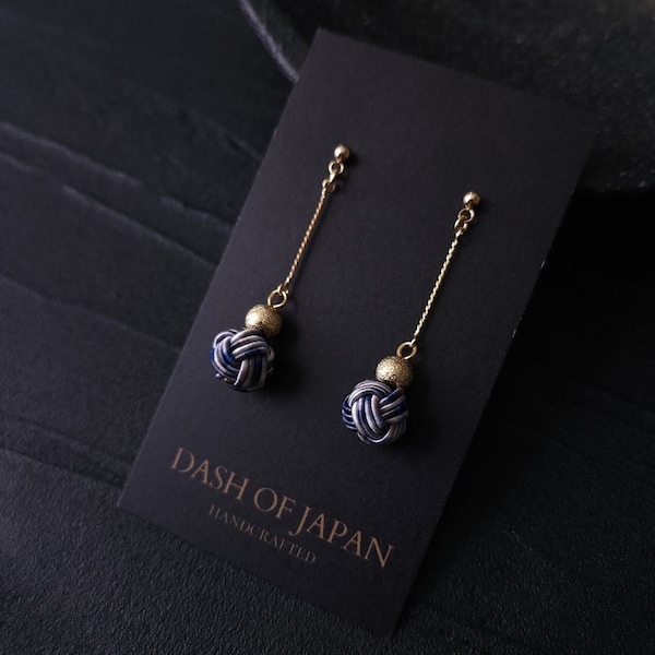 Pearl Drop Earrings, Dainty chain drop earrings made with Japanese Mizuhiki, Granite Marble