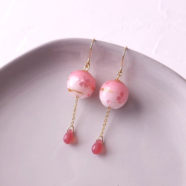 Japanese Wind Chime Earrings, Furin Drop Earrings, Resin Earrings, Sakura Pink Earrings, Cherry Blossom Earrings