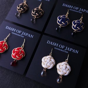 Flower Knot Earrings made with Japanese Mizuhiki - Black / White / Red / Blue