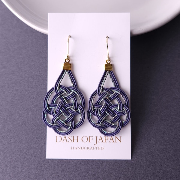 Handwoven Geometric Mandala Statement Hoop Earrings, Japanese traditional art Kimono Yukata Earrings, Gray Navy Blue