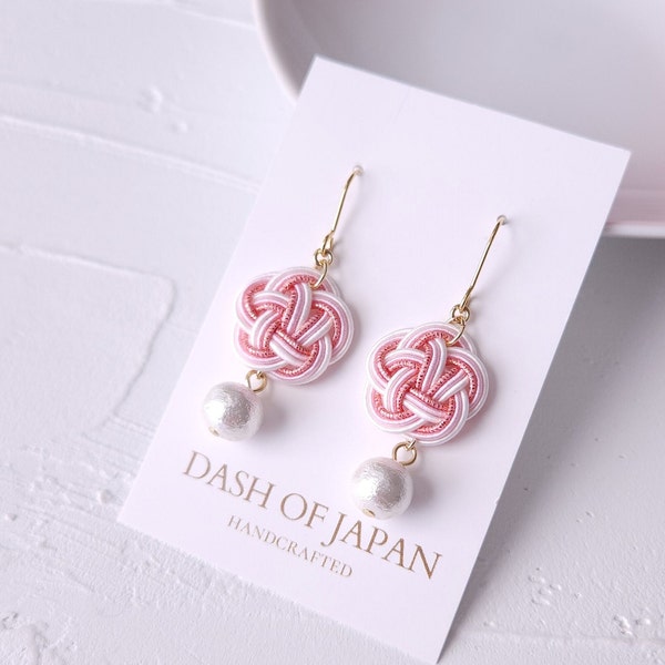 Japanese Mizuhiki Drop Earrings, Spring Dangle Earrings, Lightweight Clip-On Earrings, Cherry Blossom Sakura Pink Earrings