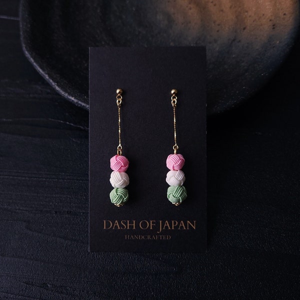 Japanese Hanami Dango Dumpling Earrings, Japanese Mizuhiki Dainty Chain Drop Long Earrings, Sakura Pink White Green