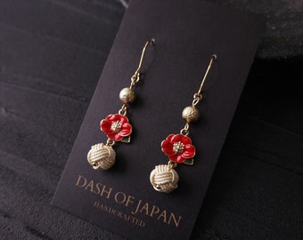 Elegant Japanese Mizuhiki Earrings with Camelia Metal Motif - Handcrafted Japanese Jewelry in Red and Gold