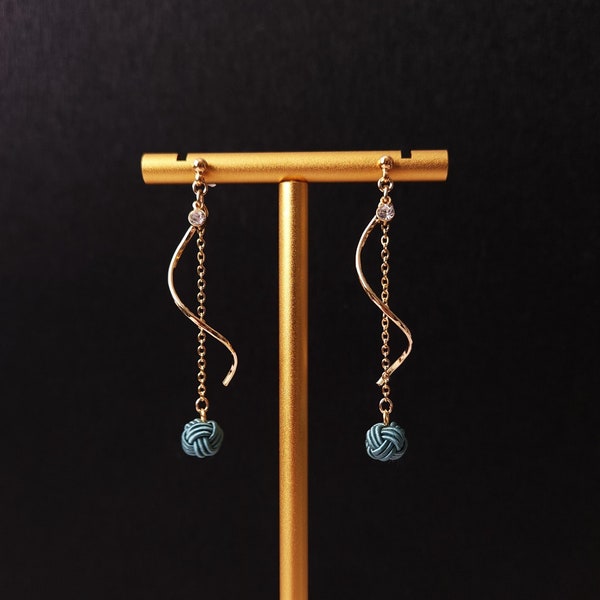 Japanese Mizuhiki Cord Earrings with Unique Metal Curve Design and Shimmering Rhinestone Embellishments- Cadet Blue