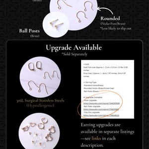 May include: Image detailing earring upgrade options: standard brass hooks, rounded nickel-free hooks, ball posts, and clip-ons for non-pierced ears. Includes size information and links to upgrade listings.