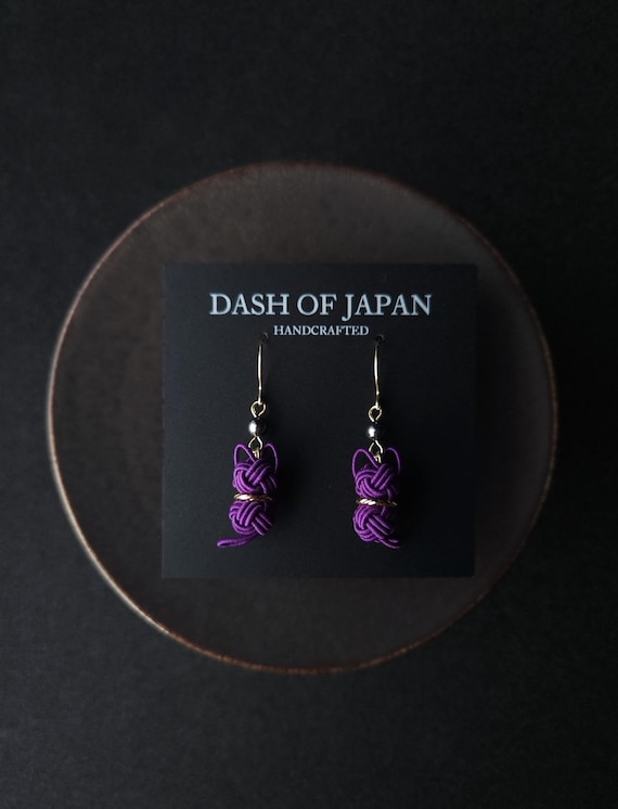 Cat Earrings handwoven with Japanese Mizuhiki Paper Cord - Purple Cat
