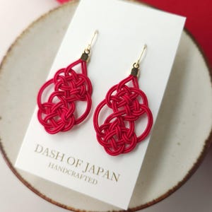 Geometric Earrings handwoven with Japanese Mizuhiki - Ruby Red