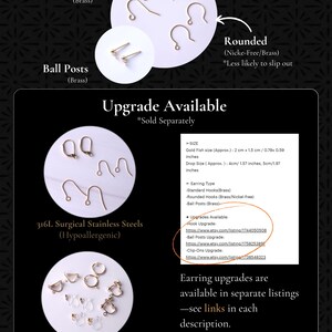May include: An image showcasing various earring components: standard brass hooks, rounded nickel-free brass hooks, and brass ball posts. Also shown are 316L surgical stainless steel hooks and clip-ons for non-pierced ears. The image includes text about upgrade options.