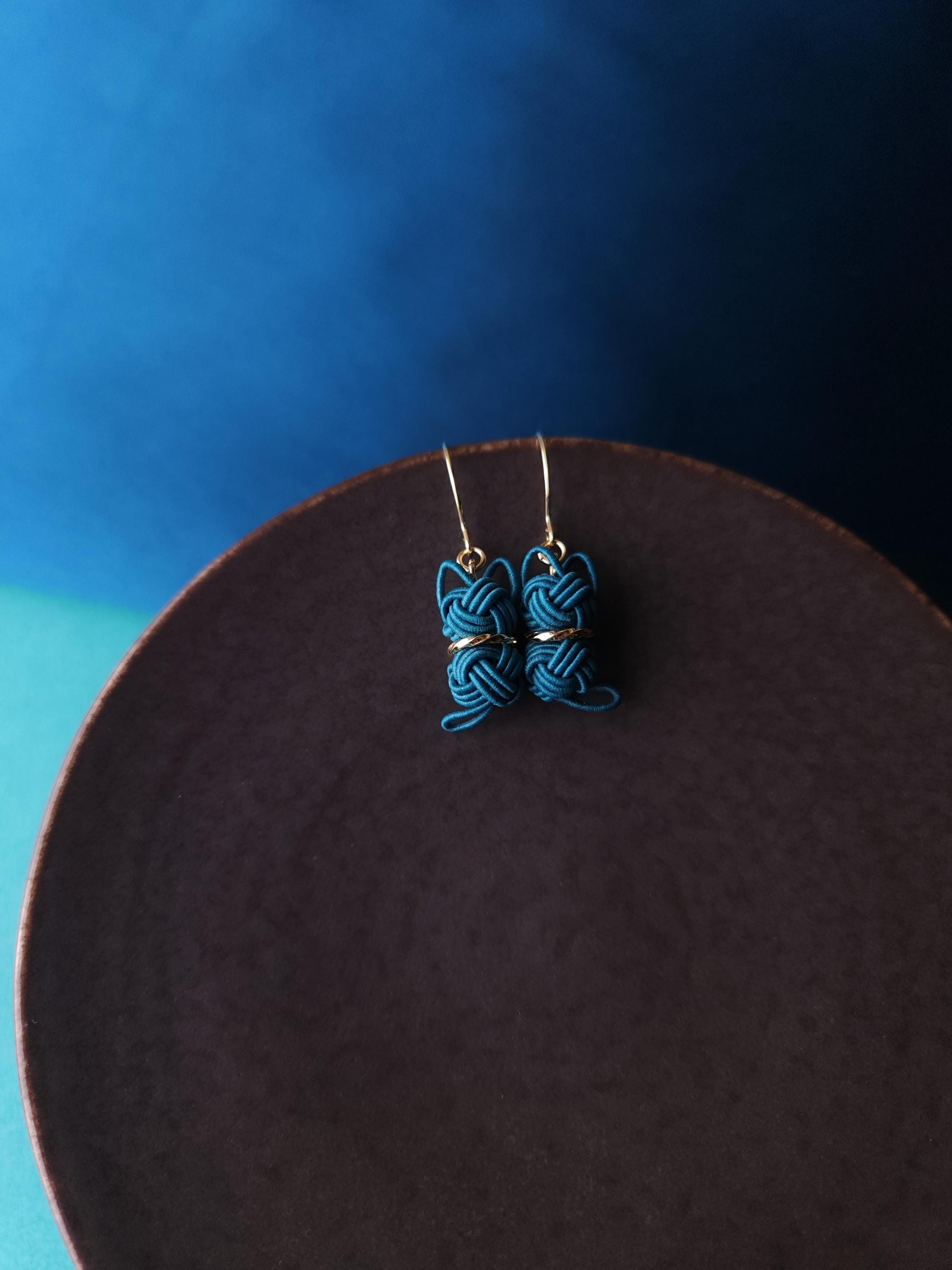 Unique Handwoven Cute Cat Earrings made with Japanese Mizuhiki Paper Cord - Teal Green