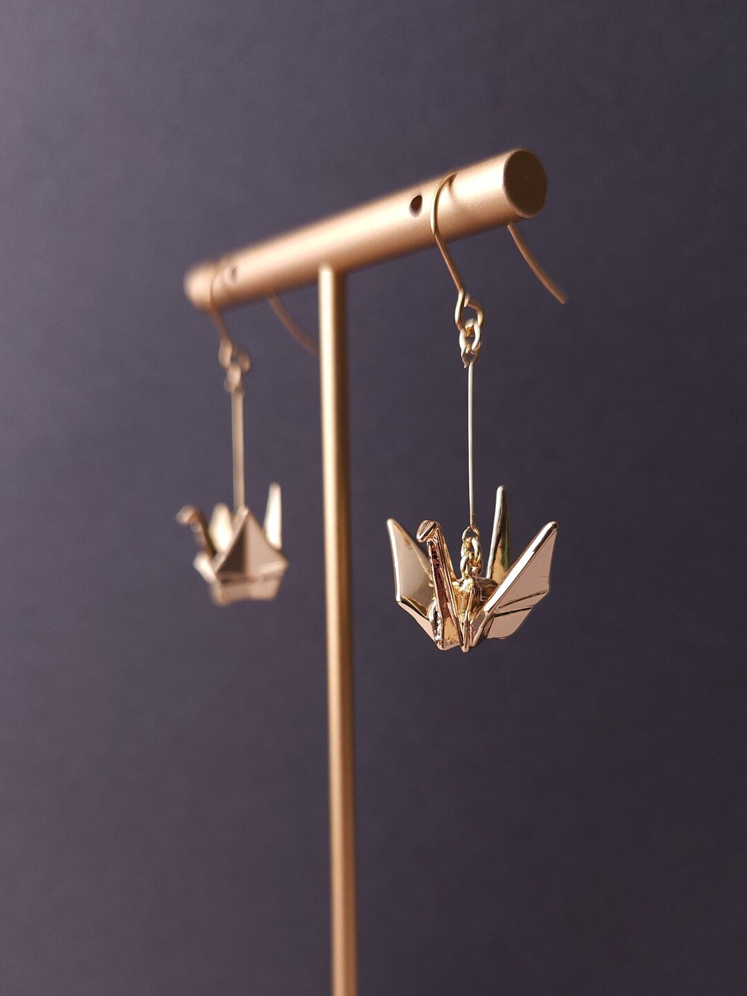 Japanese Gold Origami Crane Earrings, Orizuru Drop Earrings, Japanese
