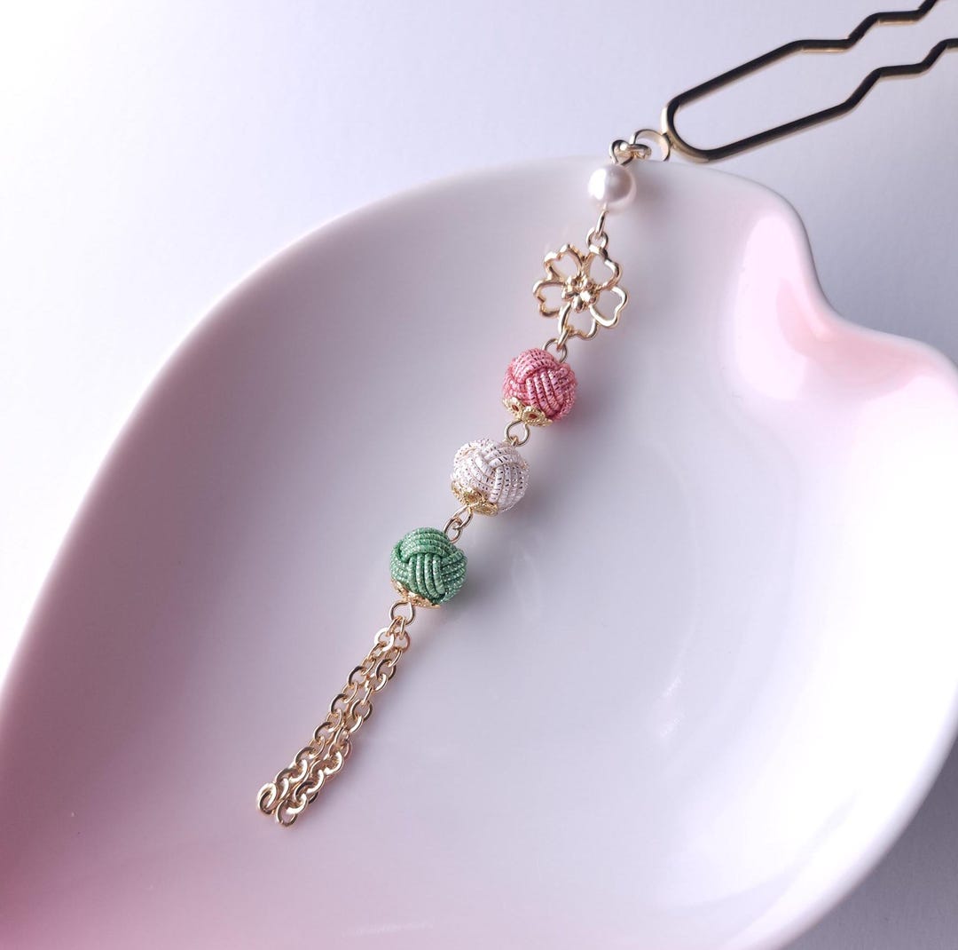 Japanese Mizuhiki Dangle U-shaped Kanzashi Hair Stick - Pink White